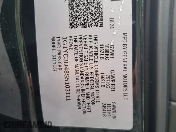 2025 Chevrolet Corvette 3LT with VIN 1G1YC3D48S5103111, listed as a Copart auction lot 63459825 with 1,499 mi miles and Salvage title. Bid and sale history available at DreamBid. Image 12.