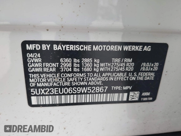 2025 BMW X5 xDrive40i with VIN 5UX23EU06S9W52867, listed as a IAAI auction lot 41726171 with 5,123 mi miles. Bid and sale history available at carsss.com. Image 9.