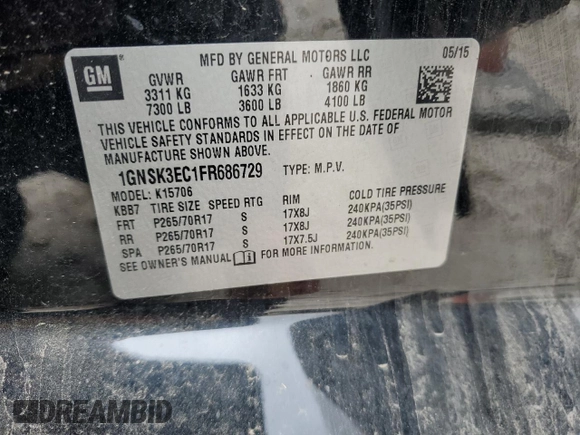 2015 Chevrolet Tahoe z VIN 1GNSK3EC1FR686729, wystawiony jako Copart lot #55844105 z przebiegiem 147 582 mil mil oraz Szkoda całkowita • Salvage title. Historia ofert i sprzedaży dostępna na DreamBid. Obrazek 12.