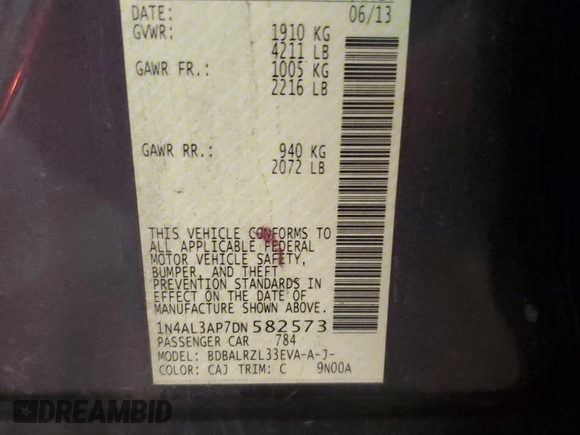 2013 Nissan Altima 2.5 S with VIN 1N4AL3AP7DN582573, listed as a Copart auction lot 54749735 with 149,848 mi miles and Salvage Title. Bid and sale history available at carsss.com. Image 13.