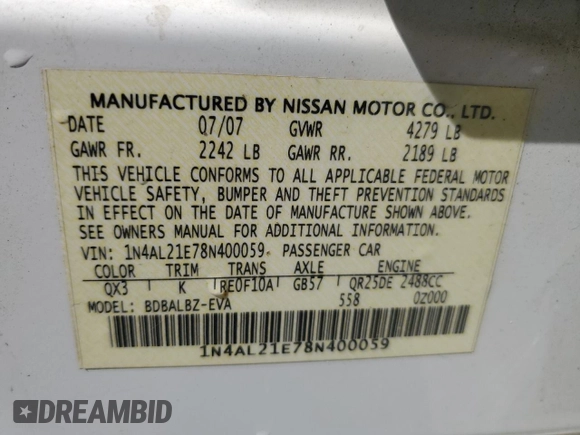 2008 Nissan Altima 2.5 with VIN 1N4AL21E78N400059, listed as a Copart auction lot 50319085 with 179,364 mi miles and Salvage Title. Bid and sale history available at carsss.com. Image 13.