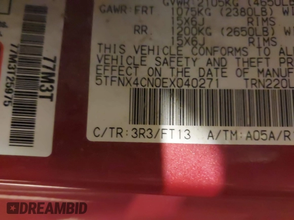 2014 Toyota Tacoma with VIN 5TFNX4CN0EX040271, listed as a IAAI auction lot 41548600 with 164,516 mi miles and . Bid and sale history available at DreamBid. Image 9.