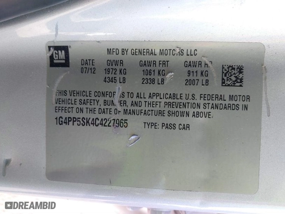 2012 Buick Verano with VIN 1G4PP5SK4C4227965, listed as a IAAI auction lot 41872899 with 192,261 mi miles. Bid and sale history available at carsss.com. Image 9.
