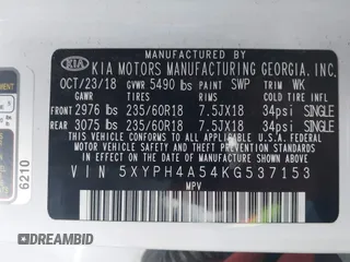 2019 Kia Sorento EX Sport with VIN 5XYPH4A54KG537153, listed as a IAAI auction lot 41960025 with Not provided miles and . Bid and sale history available at DreamBid. Image 9.