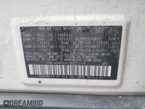 2014 Subaru Outback 2.5i with VIN 4S4BRBAC8E3213704, listed as a IAAI auction lot 42232365 with 211,977 mi miles and . Bid and sale history available at DreamBid. Image 9.