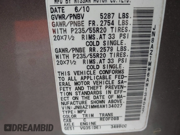 2010 Nissan Murano SL with VIN JN8AZ1MW6AW134027, listed as a IAAI auction lot 42136638 with 111,254 mi miles. Bid and sale history available at carsss.com. Image 9.