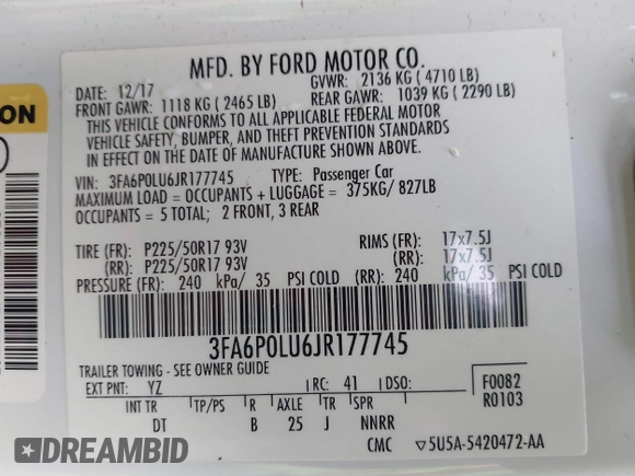 2018 Ford Fusion Hybrid SE with VIN 3FA6P0LU6JR177745, listed as a IAAI auction lot 41433376 with 97,025 mi miles. Bid and sale history available at carsss.com. Image 9.