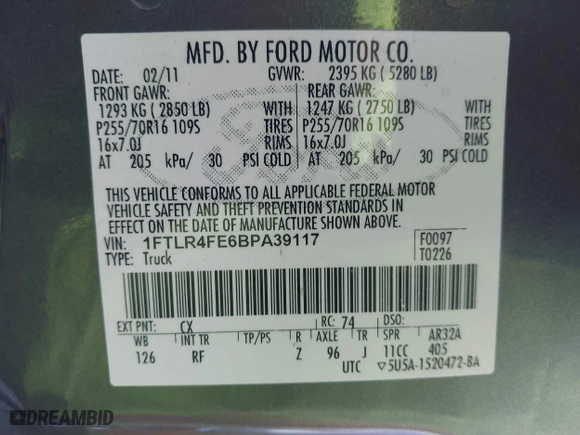 2011 Ford Ranger XLT with VIN 1FTLR4FE6BPA39117, listed as a IAAI auction lot 41388849 with 215,294 mi miles. Bid and sale history available at carsss.com. Image 9.