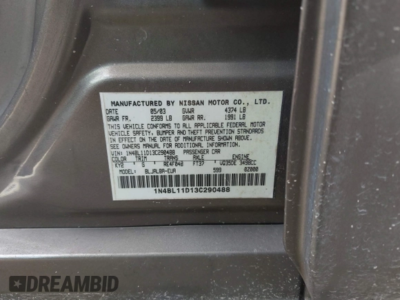 2003 Nissan Altima SE with VIN 1N4BL11D13C290488, listed as a IAAI auction lot 42357527 with 82,945 mi miles and . Bid and sale history available at DreamBid. Image 9.