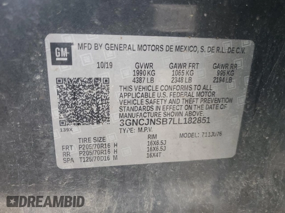 2020 Chevrolet Trax LS with VIN 3GNCJNSB7LL182851, listed as a Copart auction lot 63653815 with 157,095 mi miles and Salvage title. Bid and sale history available at DreamBid. Image 14.