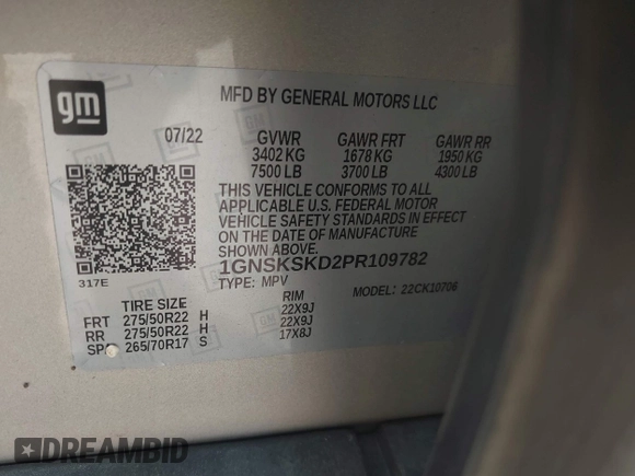 2023 Chevrolet Tahoe Premier с VIN 1GNSKSKD2PR109782, выставлен на аукционе IAAI как лот 42473138 с пробегом 42 179 миль миль и . История ставок и продаж доступна на DreamBid. Изображение 9.