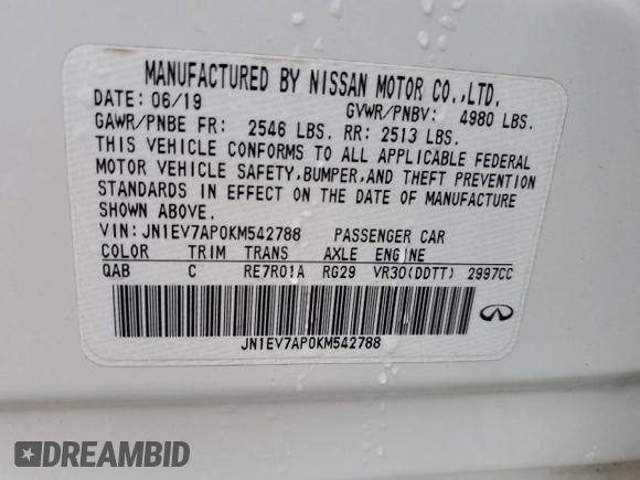 2019 Infiniti Q50 3.0t Signature Edition with VIN JN1EV7AP0KM542788, listed as a Copart auction lot 89372255 with 32,157 mi miles and Salvage Title. Bid and sale history available at carsss.com. Image 12.