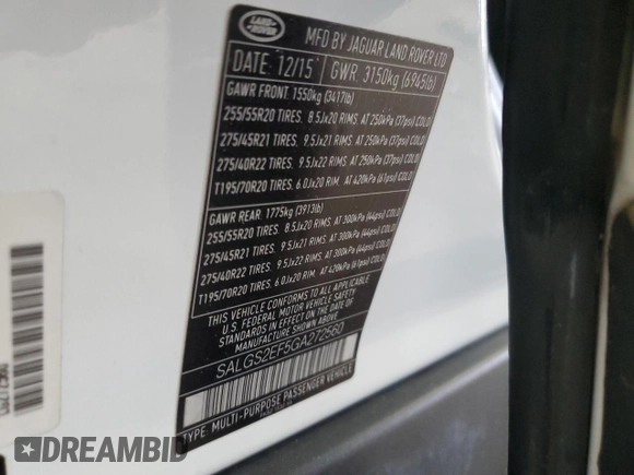 2016 Land Rover Range Rover Supercharged с VIN SALGS2EF5GA272560, выставлен на аукционе Copart как лот 59925765 с пробегом 104 109 миль миль и Списание • Salvage title. История ставок и продаж доступна на DreamBid. Изображение 13.