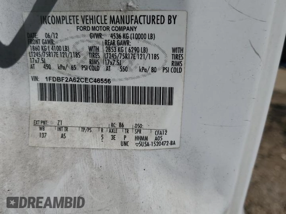 2012 Ford F-250 XL with VIN 1FDBF2A62CEC46556, listed as a Copart auction lot 74825264 with 269,828 mi miles and Clean title. Bid and sale history available at DreamBid. Image 12.