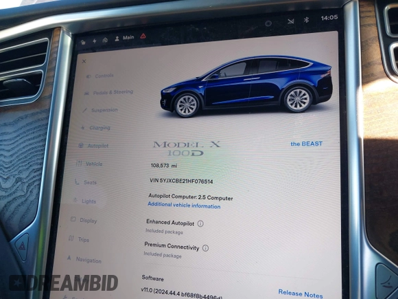 2017 Tesla Model X 90D z VIN 5YJXCBE21HF076514, wystawiony jako IAAI lot #41559020 z przebiegiem 108 573 mil mil oraz . Historia ofert i sprzedaży dostępna na DreamBid. Obrazek 7.
