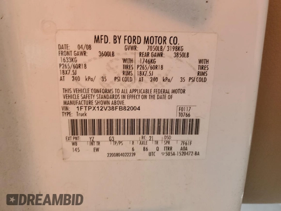 2008 Ford F-150 XL с VIN 1FTPX12V38FB82004, выставлен на аукционе Copart как лот 57708935 с пробегом 229 759 миль миль и Чистый • Clean title. История ставок и продаж доступна на DreamBid. Изображение 12.
