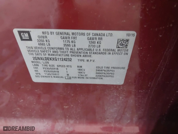 2016 Chevrolet Equinox LTZ with VIN 2GNALDEKXG1124232, listed as a IAAI auction lot 41622204 with 88,717 mi miles. Bid and sale history available at carsss.com. Image 9.