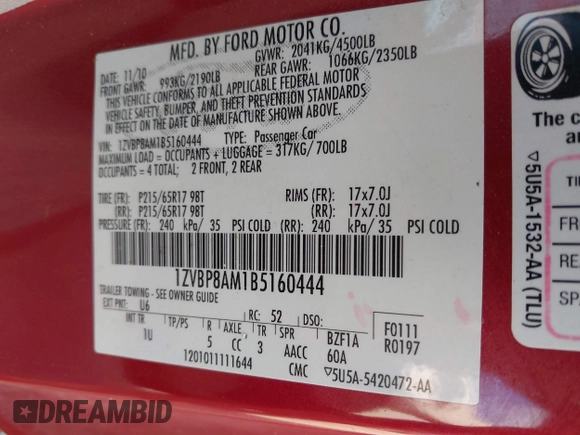 2011 Ford Mustang V6 with VIN 1ZVBP8AM1B5160444, listed as a IAAI auction lot 41674386 with 113,893 mi miles and . Bid and sale history available at carsss.com. Image 9.