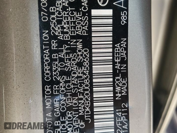 2008 Toyota Prius z VIN JTDKB20U083458620, wystawiony jako Copart lot #59515465 z przebiegiem 196 764 mil mil oraz Szkoda całkowita • Salvage title. Historia ofert i sprzedaży dostępna na DreamBid. Obrazek 12.