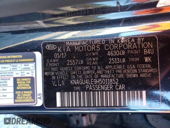 2017 Kia Optima EX with VIN KNAGU4LE9H5011852, listed as a Copart auction lot 84852844 with 144,413 mi miles and Salvage title. Bid and sale history available at DreamBid. Image 13.