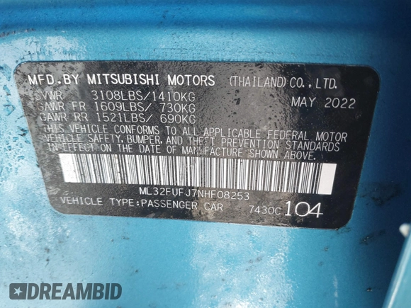 2022 Mitsubishi Mirage ES z VIN ML32FUFJ7NHF08253, wystawiony jako IAAI lot #41639044 z przebiegiem 35 870 mil mil oraz . Historia ofert i sprzedaży dostępna na DreamBid. Obrazek 9.