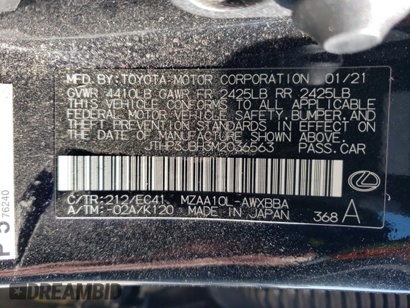 2021 Lexus UX 200 with VIN JTHP3JBH3M2036563, listed as a Copart auction lot 89325065 with 65,253 mi miles and Salvage title. Bid and sale history available at DreamBid. Image 13.