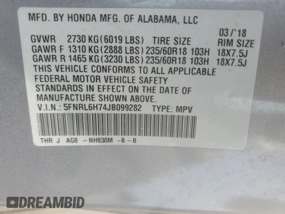 2018 Honda Odyssey EX-L with VIN 5FNRL6H74JB099282, listed as a Copart auction lot 55031025 with 137,359 mi miles and Salvage Title. Bid and sale history available at DreamBid. Image 13.