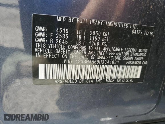 2017 Subaru Legacy Limited с VIN 4S3BNAN69H3041881, выставлен на аукционе Copart как лот 58198945 с пробегом 189 862 миль миль и Чистый • Clean title. История ставок и продаж доступна на DreamBid. Изображение 12.