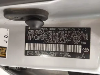 2012 Toyota Prius One with VIN JTDKN3DU4C5442411, listed as a IAAI auction lot 41320101 with 172,160 mi miles and . Bid and sale history available at DreamBid. Image 9.