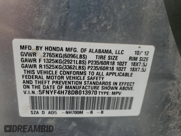 2013 Honda Pilot EX-L с VIN 5FNYF4H78DB013970, выставлен на аукционе Copart как лот 52898035 с пробегом 160 612 миль миль и Списание • Salvage title. История ставок и продаж доступна на DreamBid. Изображение 13.