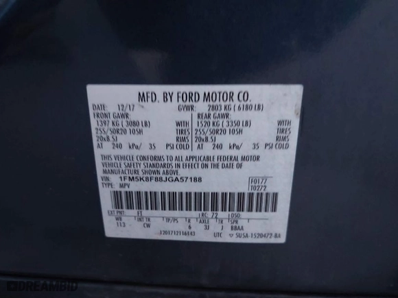 2018 Ford Explorer Limited with VIN 1FM5K8F88JGA57188, listed as a IAAI auction lot 40807796 with NaN miles. Bid and sale history available at carsss.com. Image 9.