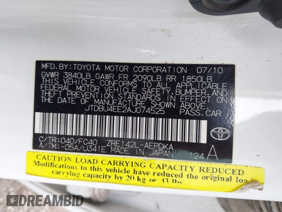 2010 Toyota Corolla with VIN JTDBU4EE2AJ074525, listed as a IAAI auction lot 41581276 with 195,679 mi miles. Bid and sale history available at carsss.com. Image 9.