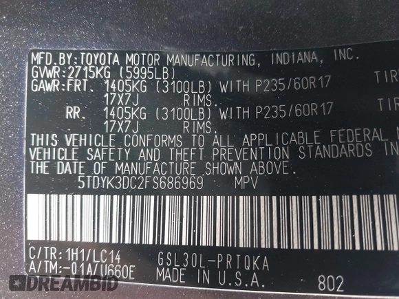 2015 Toyota Sienna XLE with VIN 5TDYK3DC2FS686969, listed as a IAAI auction lot 42559541 with 103,190 mi miles and . Bid and sale history available at DreamBid. Image 9.