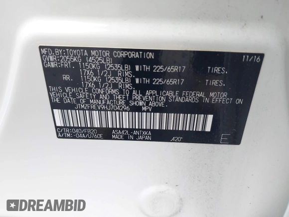2017 Toyota RAV4 LE with VIN JTMZFREV9HJ704296, listed as a IAAI auction lot 41876996 with 85,605 mi miles and . Bid and sale history available at DreamBid. Image 9.