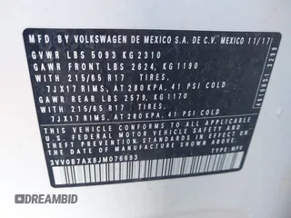 2018 Volkswagen Tiguan S with VIN 3VV0B7AX8JM076693, listed as a IAAI auction lot 42044886 with 109,660 mi miles and . Bid and sale history available at DreamBid. Image 9.