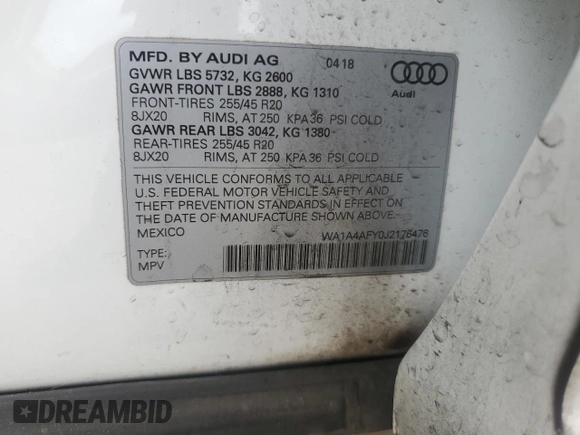 2018 Audi SQ5 Premium Plus with VIN WA1A4AFY0J2176476, listed as a Copart auction lot 53532664 with 72,600 mi miles and . Bid and sale history available at DreamBid. Image 13.