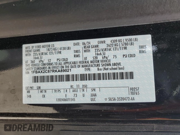 2024 Ford Transit Passenger XL with VIN 1FBAX2C87RKA89021, listed as a Copart auction lot 54859575 with 28,791 mi miles and Salvage title. Bid and sale history available at DreamBid. Image 13.