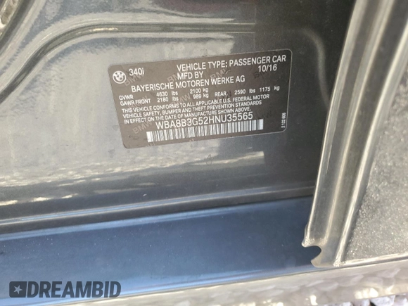 2017 BMW 3 Series 340i with VIN WBA8B3G52HNU35565, listed as a Copart auction lot 53206915 with 105,545 mi miles and Salvage Title. Bid and sale history available at carsss.com. Image 12.