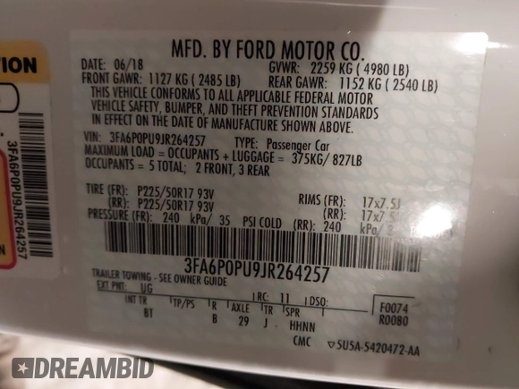 2018 Ford Fusion Energi SE with VIN 3FA6P0PU9JR264257, listed as a IAAI auction lot 41587659 with 85,832 mi miles. Bid and sale history available at carsss.com. Image 9.