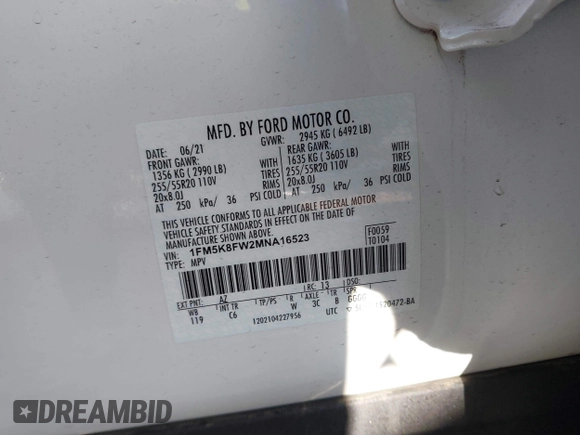 2021 Ford Explorer Limited with VIN 1FM5K8FW2MNA16523, listed as a IAAI auction lot 41223718 with 26,760 mi miles. Bid and sale history available at carsss.com. Image 9.