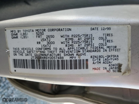 2000 Toyota 4Runner with VIN JT3GM84R6Y0057488, listed as a Copart auction lot 51786305 with 248,645 mi miles and Salvage Title. Bid and sale history available at carsss.com. Image 14.
