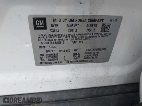 2020 Chevrolet Trax LS with VIN KL7CJKSB3LB049512, listed as a IAAI auction lot 41498513 with 56,649 mi miles and . Bid and sale history available at DreamBid. Image 9.