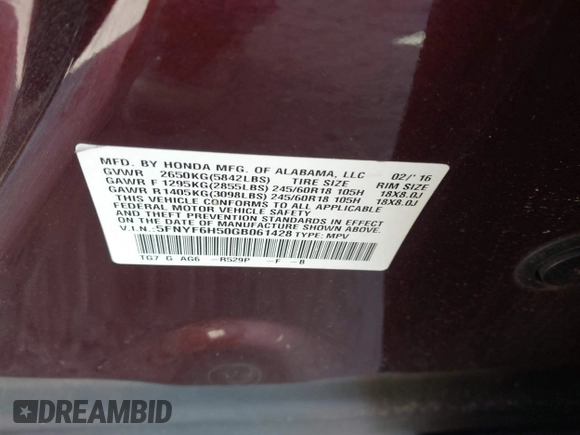 2016 Honda Pilot EX-L with VIN 5FNYF6H50GB061428, listed as a IAAI auction lot 41891865 with 149,390 mi miles. Bid and sale history available at carsss.com. Image 9.