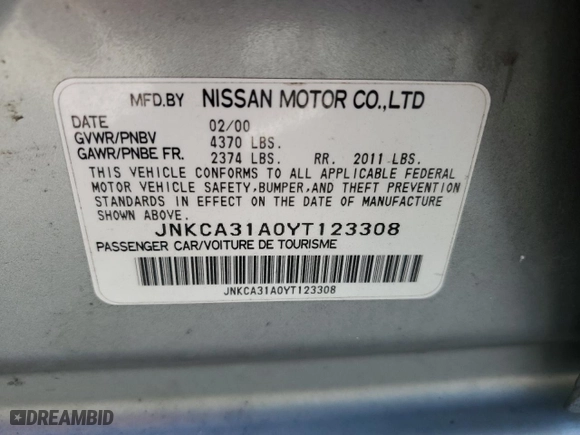 2000 Infiniti I30 Luxury with VIN JNKCA31A0YT123308, listed as a Copart auction lot 45205155 with 117,012 mi miles and Salvage Title. Bid and sale history available at carsss.com. Image 14.