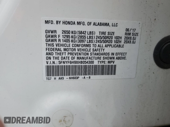 2017 Honda Pilot Touring with VIN 5FNYF6H9XHB054300, listed as a Copart auction lot 53061445 with 175,552 mi miles and Salvage Title. Bid and sale history available at DreamBid. Image 13.