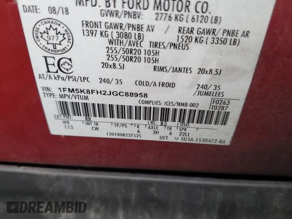 2018 Ford Explorer Limited z VIN 1FM5K8FH2JGC88958, wystawiony jako Copart lot #84797634 z przebiegiem 87 726 mil mil oraz Szkoda całkowita • Salvage title. Historia ofert i sprzedaży dostępna na DreamBid. Obrazek 14.