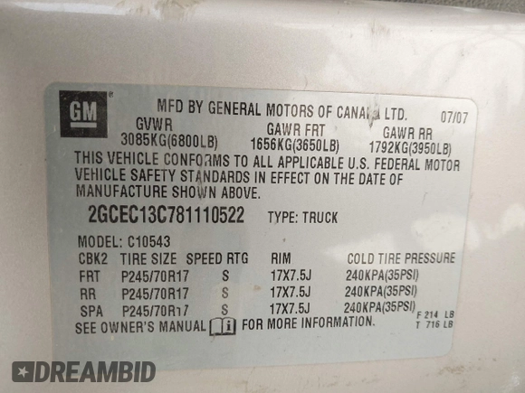 2008 Chevrolet Silverado 1500 Work Truck with VIN 2GCEC13C781110522, listed as a IAAI auction lot 41718710 with 208,018 mi miles and . Bid and sale history available at DreamBid. Image 9.