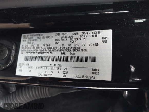 2021 Ford F-150 XL with VIN 1FTEW1EP9MKE37070, listed as a IAAI auction lot 41843951 with 69,679 mi miles and . Bid and sale history available at DreamBid. Image 9.