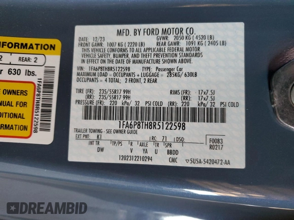 2024 Ford Mustang EcoBoost with VIN 1FA6P8TH8R5122598, listed as a Copart auction lot 58627015 with 15,557 mi miles and Salvage title. Bid and sale history available at DreamBid. Image 12.