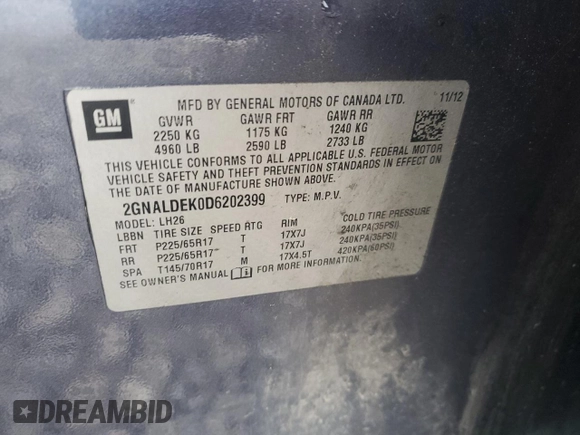 2013 Chevrolet Equinox LT with VIN 2GNALDEK0D6202399, listed as a Copart auction lot 55317425 with Not Provided miles and Clean Title. Bid and sale history available at DreamBid. Image 13.